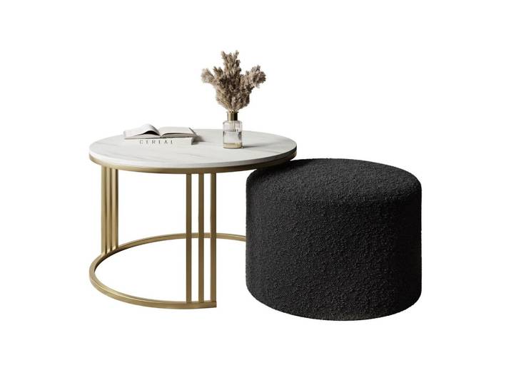 COUCHTISCH mit Hocker LORI MAT gebürstetes Gold/Marmor Levanto/Coral 60