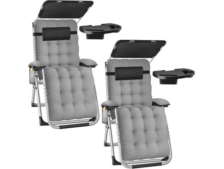 tectake Sonnenliege 2er Set Cloud II, mit Ablagetisch und Stautasche, hellgrau, Hellgrau, Kunststoff, 84x103x168 cm, Gartenmöbel, Gartenliegen