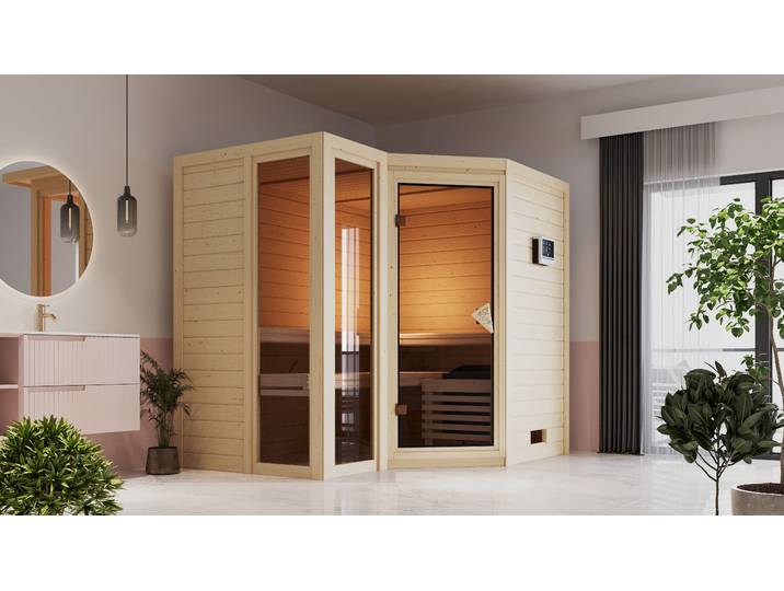 Sauna KARIBU Amada , beige (naturbelassen), Saunaofen, integrierte Steuerung, 9 kW, Saunen, Sauna, 9-kW-Ofen mit integrierter Steuerung