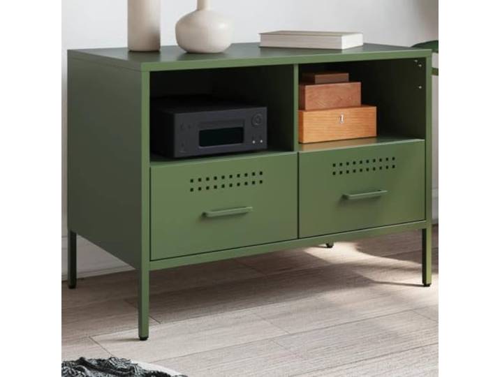 HEFZGDB TV-Schrank Olivgrün 68x39x50,5 cm Stahl Industrie-Stil mit reichlich Stauraum und verstellbaren Stellfüßen für Wohnzimmer