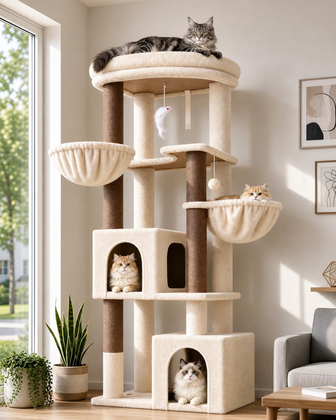 Merkloze Hoek Kattenboom Beige met Grote Huizen en Krabpaal