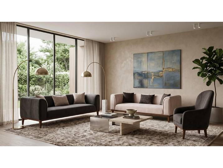 JVmoebel Polstergarnitur Grau-beiges Sofa-Set Sofas stilvolle Stoff Wohnzimmermöbel, (3-tlg), Made in Europa