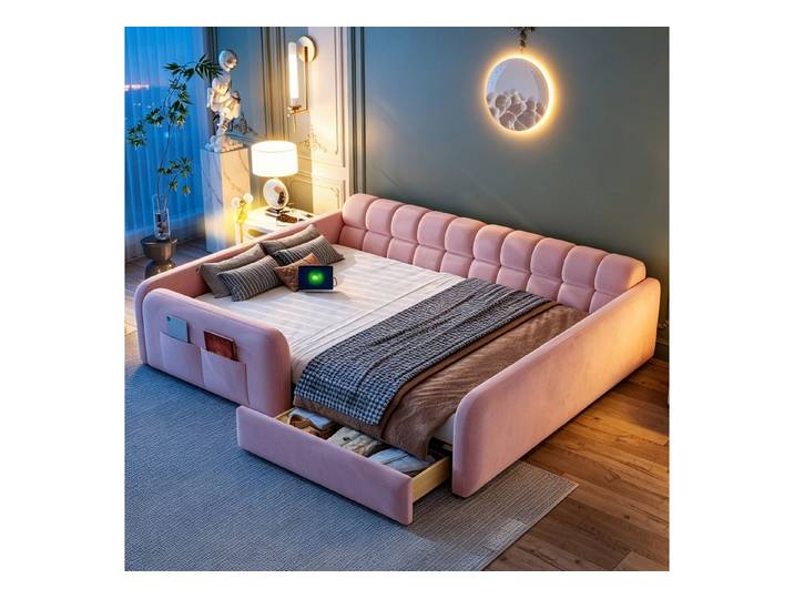 i@home Kinderbett Gepolstertes Kinderbett 140 x 200 cm Rosa, Samt Plattform Bettgestell (Sofa-Kopfteil,Kinderbett für Jungen- und Mädchenzimmer), mit hohe Sicherheitsgeländer,Ladeanschluss,Schublade & Nachtlicht