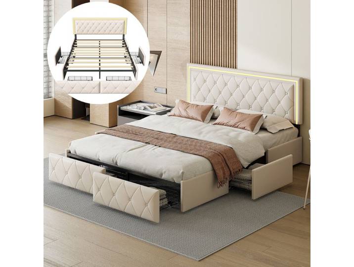 Lit double 160x200 - LUMINARIX - Beige - Rembourré avec 4 tiroirs - LED intégrée - Design scandinave