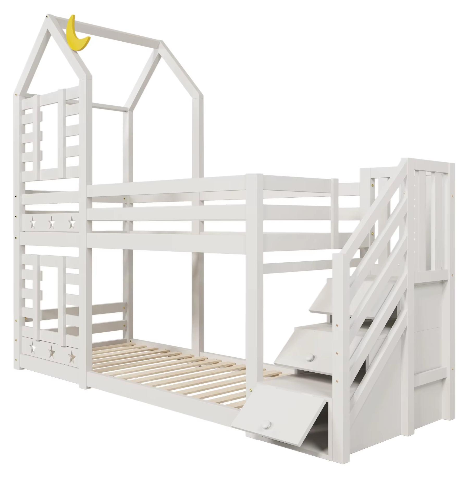 Kinderbett - Bodenbett - 90 x 200 cm - Holz - Aufbewahrungsschubladen - Rausfallschutz - Lattenrost - Weiß