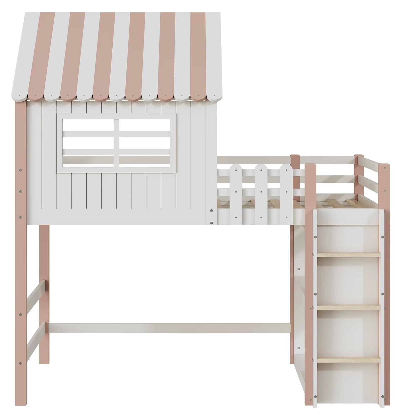 Kinderbett - Hausbett - Massivholz - 90 x 200 cm - Sicherheitsleiter - Dachform - Rosa und Weiß
