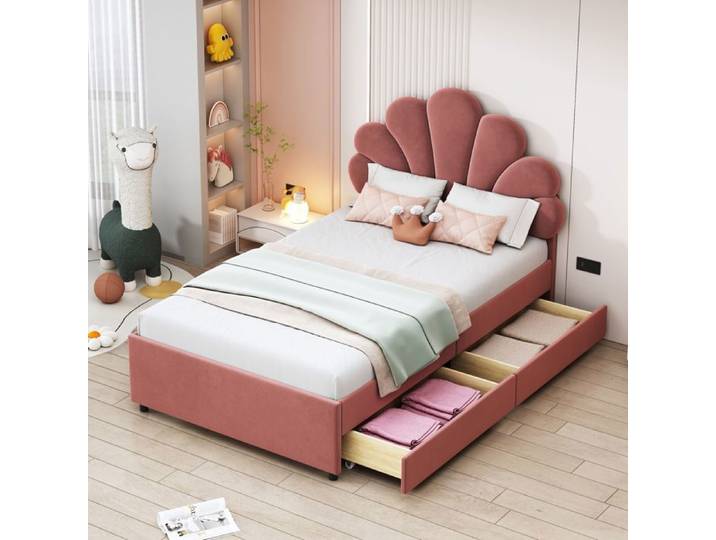 Norevia Lit Enfant Fille 90x200 Velours Rose avec 2 Tiroirs de Rangement Tête de Lit Fleur Cadre de lit
