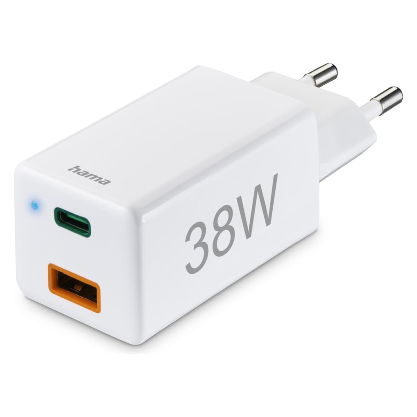 Hama Mini-Ladegerät, GaN, USB-C Power Delivery (PD) + USB-A QC3.0, 38W, Weiss (38 W, 2 Ports) (00201640)
