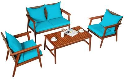 Costway 4 Pieces Acacia Wood Patio Rattan Furniture Set-Turquoise