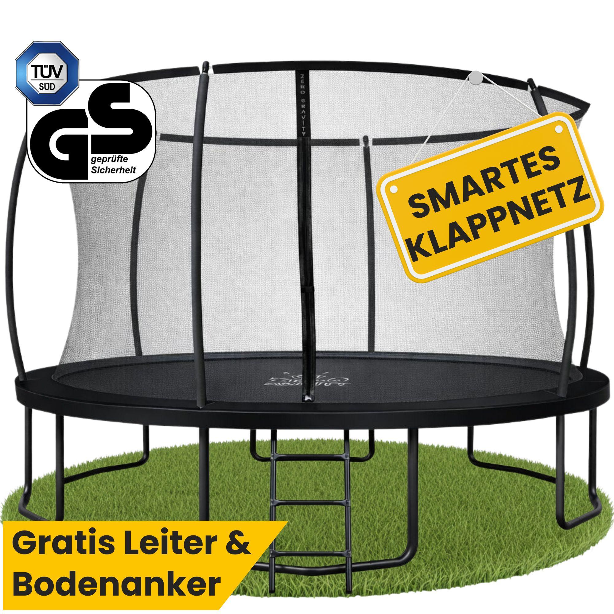 Zero Gravity Trampolin Ø 427 cm inkl. Leiter & 4 Bodenanker / Schneller Auf- und Abbau Dank smartem Klappnetz / Max. 150 kg / Ultima 4 Black-Edition