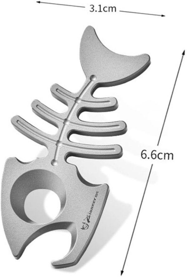 INF Outil EDC en titane sablé - Décapsuleur porte-clés en forme d'arête de poisson, léger 6.6cm x 3.1cm