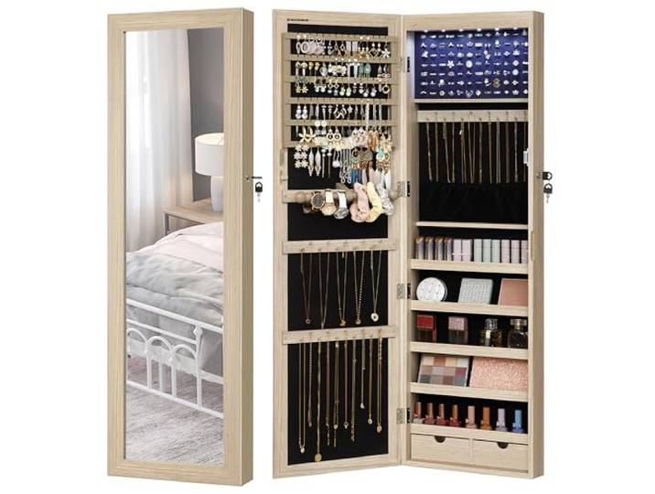SONGMICS Armoire à Bijoux\, Meuble de Rangement Mural pour Colliers\, Boucles d’Oreilles\, Placard à Accessoires\, avec Miroir\, Divers Compartiments\, Verrouillable\, Couleur Chêne JJC093M01
