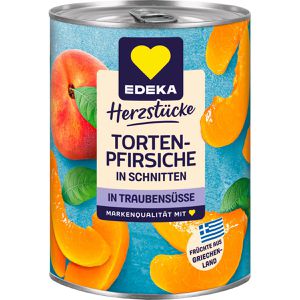 Edeka Obstkonserve Herzstücke Tortenpfirsiche in Traubensüße, ohne Zuckerzusatz, vegan, in Scheiben, in der Dose, 410 g