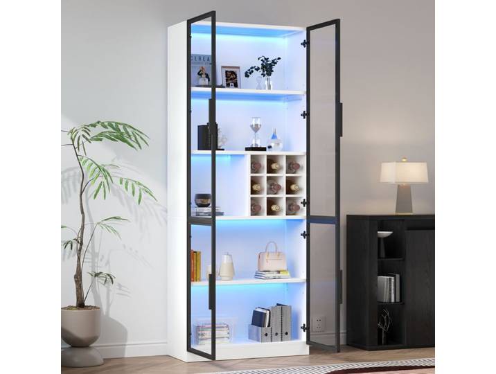 VUENOR vitrine 80x35x200 cm blanche avec portes vitrées et LED – rangement vertical 5 niveaux