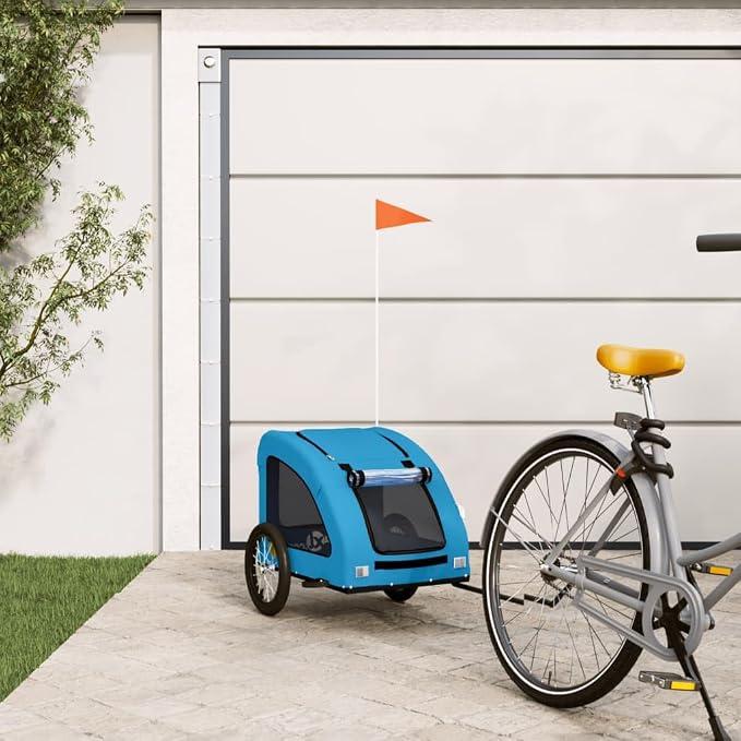 Fahrradanhänger für Hunde Blau Oxford-Gewebe und Eisen mit PVC Dach, 124,5 x 63,5 x 66 cm, 45 kg, Fahrradanhänger für Haustier-Transport bei Ausflügen