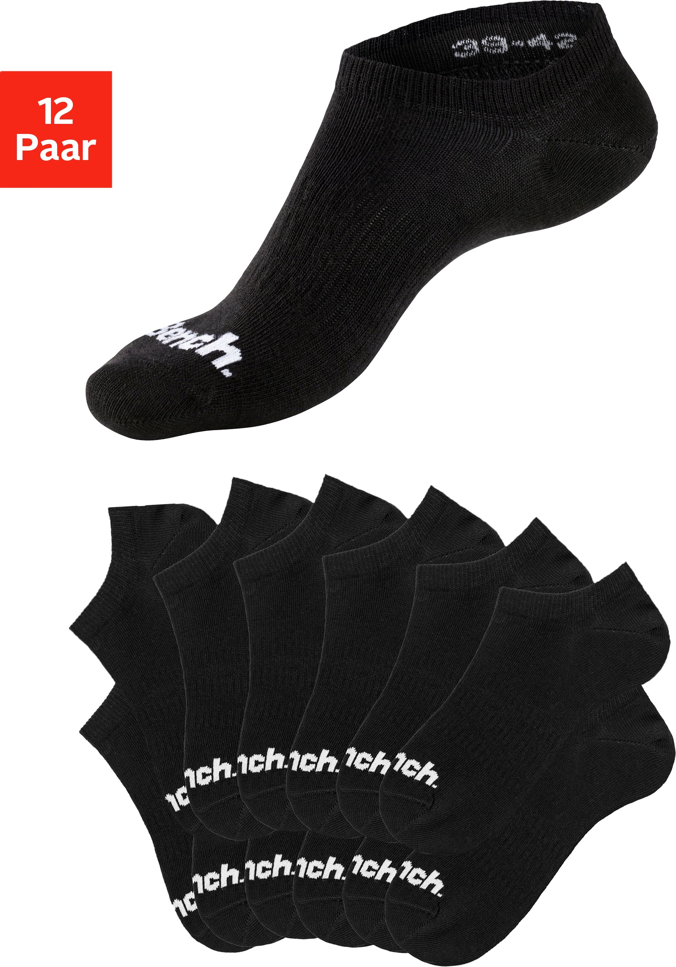 Sportsocken BENCH. "Damen Herren Sneaker Socken, Laufsocken verschwinden im Schuh", Damen, Gr. 43-46, schwarz (12x schwarz), Baumwolle, Baumwollmischung, Elasthan, Polyamid, unifarben, elastisch, Socken Sportsocken, in der Grosspackung mit Arch Support 12