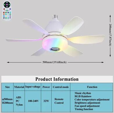 Combo Retail Shop Noiseless Socket Fan Light With Remote, Small Ceiling Fans, Dimmable LED Light, Bluetooth Speaker 32w White Rgb