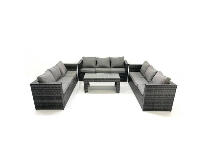 Fimous Gartenmöbel Couchtisch SET mit Sofa Polyrattan Outdoor 9-Sitzer, Dunkelgrau, Metall, Kunststoff, Glas, Füllung: Schaumstoff,Schaumstoff, rechteckig, Gartenmöbel, Gartengarnituren, Gartenmöbel-Sets