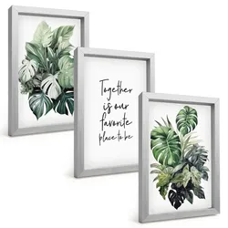 BILDER SET 3er Set - 20x30 cm Silberner Rahmen - Grüne Blätter tropischer Pflanzen