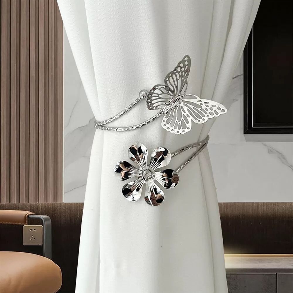 INF 2er-Set Metall Vorhang Raffhalter mit Schmetterling und Blume - Elegante Fensterdekoration Silber