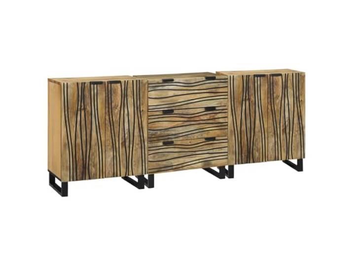 LPERTGFHU Sideboard Set 3 TLG. Mango Massivholz Kommode Wellen-Design Stauraum mit Schubladen, Für Esszimmer, Moderne Optik