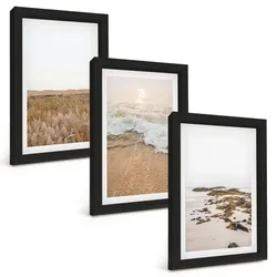 BILDER SET 3er Set - 20x30 cm Schwarzer Rahmen - Strandwellen, Steine, Sommer