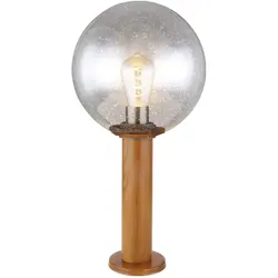 Außenleuchte Stehlampe Gartenleuchte Sockelleuchte Holzoptik braun Terrassenlampe Wegeleuchte, Aluminium Glaskugel, 1xE27, DxH 25x50 cm