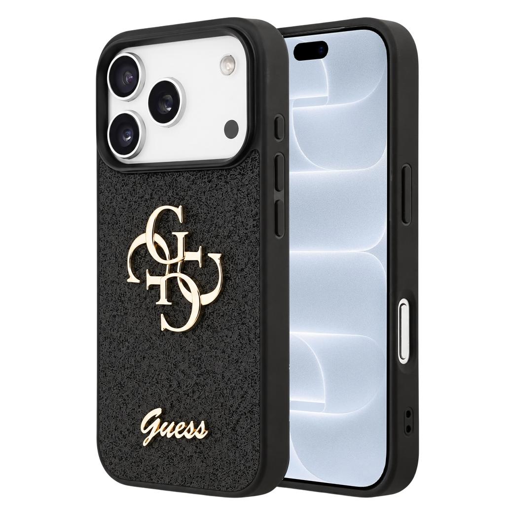 Guess PU Fixierte Glitzer 4G Metall-Logo-Hülle für iPhone 18 Pro Schwarz (Apple iPhone 17 Pro, Apple iPhone 18 Pro) (GUHCP18LHG4SGK)