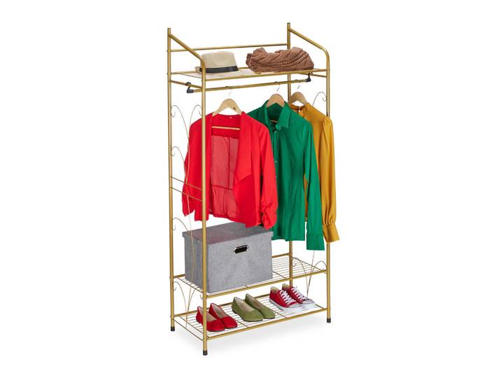 Relaxdays Kleiderständer Gold Metall Kleiderstange 3 Ablagen 161 cm, Goldfarben, 78x161x36 cm, Garderobe, Garderobenständer