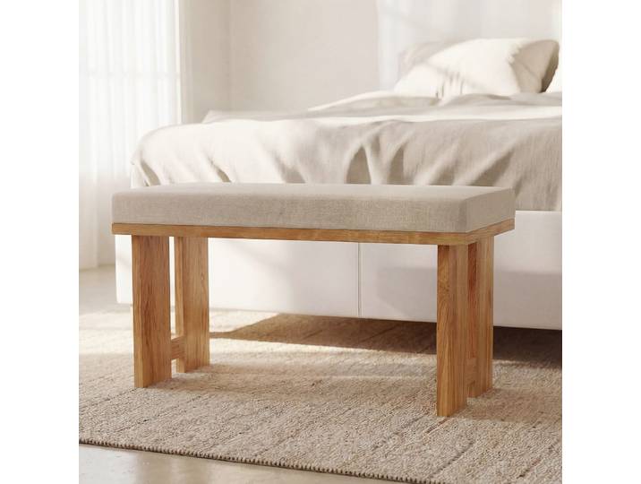 Cremefarbene Bank mit Beinen aus Akazienholz