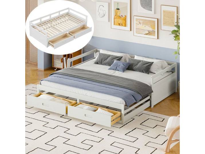 Lit gigogne 90x190 cm en pin massif - 1 lit principal 90x190 + 1 lit gigogne 90x190 en un lit double 180x190 - blanc