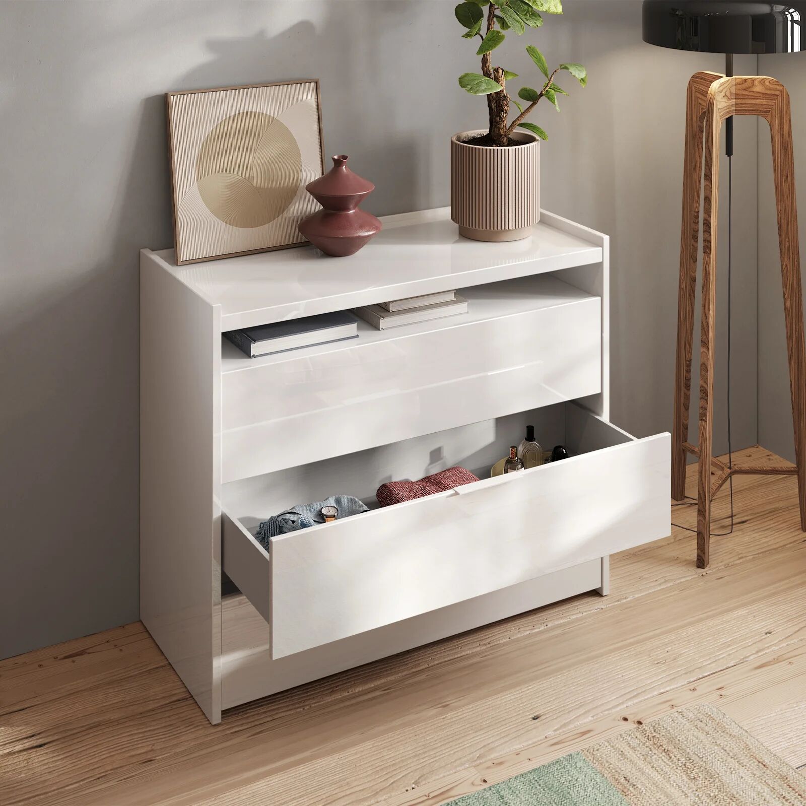 garneroarredamenti Comò cassettiera multifunzione 110x95cm 3 cassetti bianco lucido Gassy