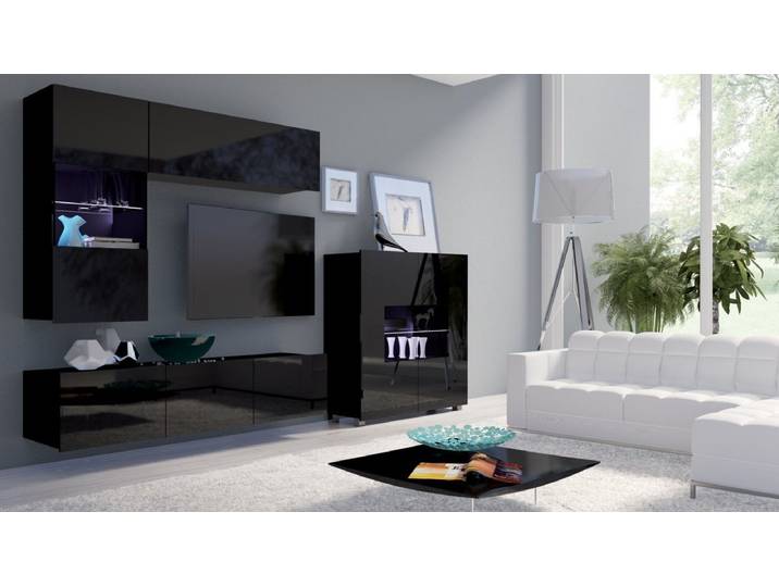 Designer Wohnwand Miro mit LED - Schwarz-Schwarz - Luxusbetten24