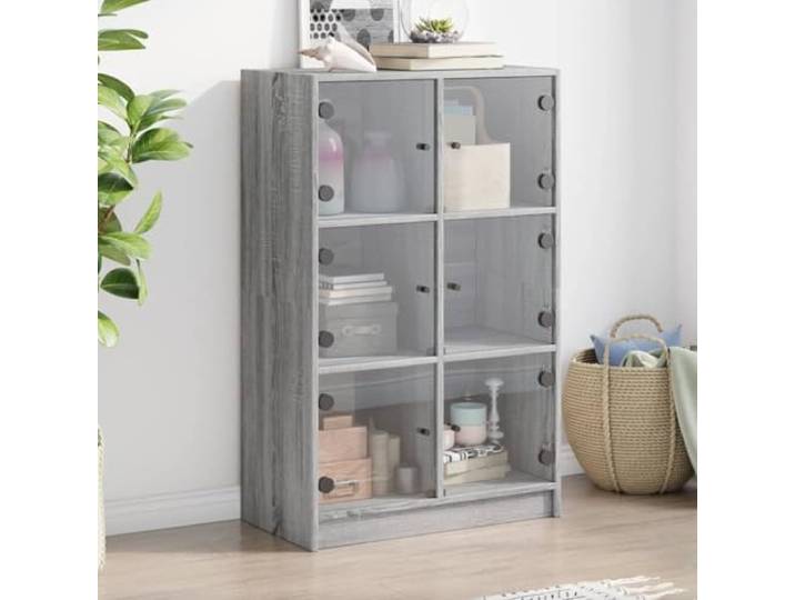 RJPLMFV Anrichte hoch, grau, Sonoma, 68 x 37 x 109 cm, Holz, Technik Aufbewahrung für Bücher, Zeitschriften, Dokumente, staubdichte Türen, schwarze Griffe, Wandbefestigung inklusive