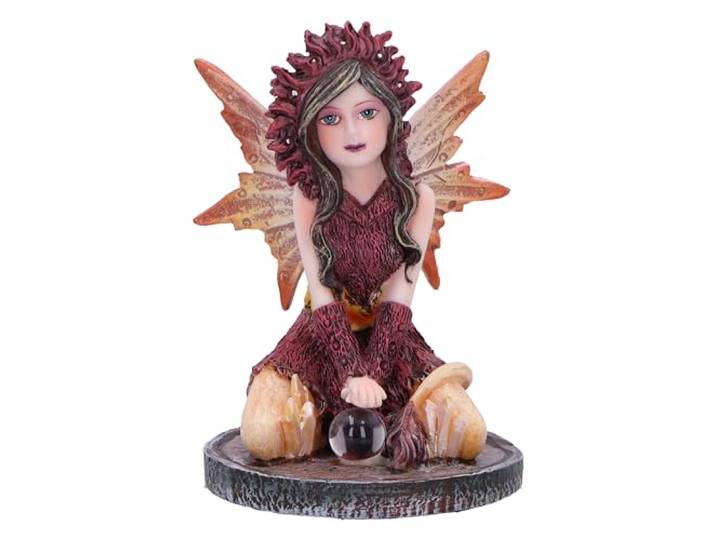 Nemesis Now Crystal Fairy Poppy beeldje 9 cm, hars, rood feeënbeeldje met kristallen bal, knielende fee met glazen bal, fantasiegeschenk, gegoten in de fijnste hars, vakkundig handgeschilderd