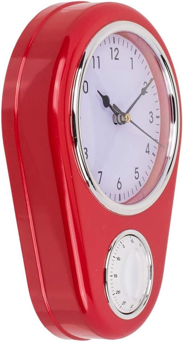 SnelShoppen Retro Keuken Wandklok Vintage met 60 Minuten Keukentimer - Rood