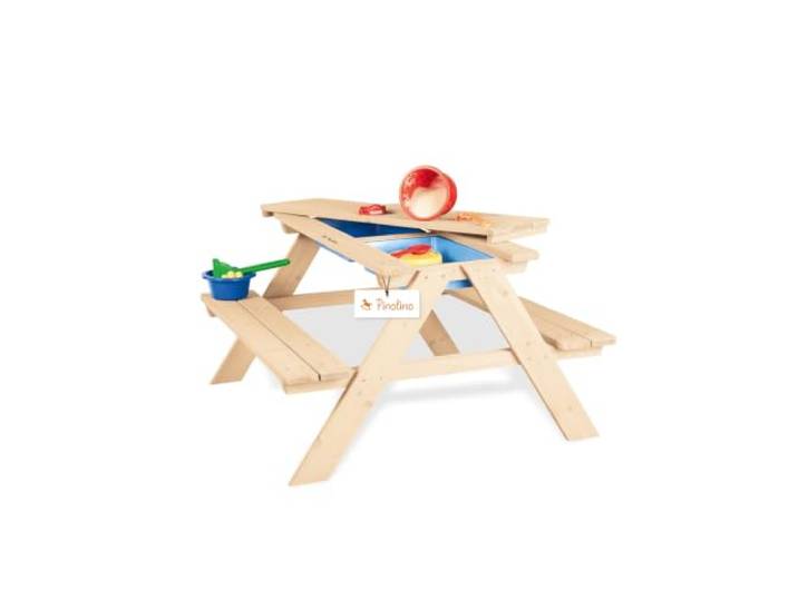 PINOLINO Matsch-Nicki 4er Kindersitzgruppe aus Massivholz I Matschküche & Wasserspieltisch für Garten & Outdoor I Spieltisch mit 2 Wannen für Kinder ab 2 Jahren I 89 x 88 x 51 cm