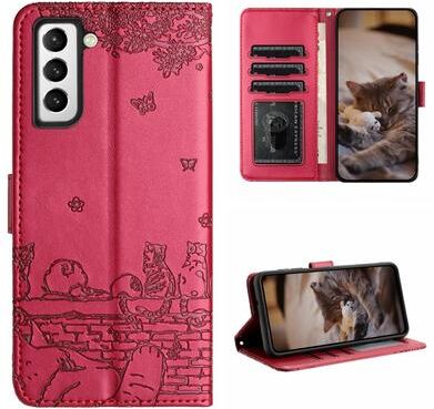 Inspired Deals Cute Cat Embossed Wallet Phone Case For Samsung Galaxy With Card Holder And Lanyard For Samsung Galaxy S21 FE red
