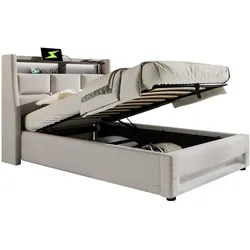 OKWISH Polsterbett 90×200 mit USB-Ladestation, LED-Beleuchtung, gepolstertem Kopfteil, Stauraum, Vintage-Design, Leinenbezug, Hellbeige