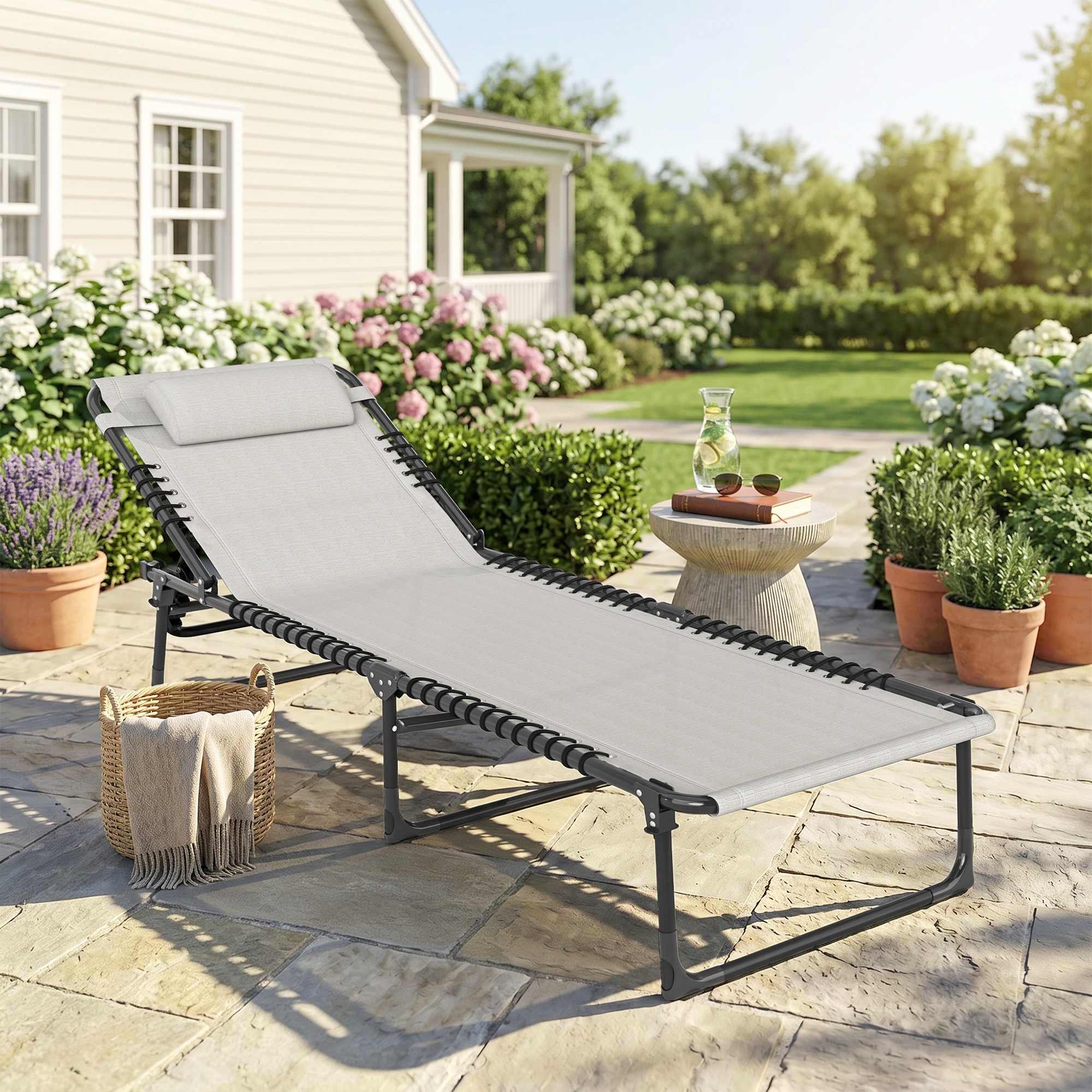 Outsunny Lettino Prendisole in Acciaio e Tessuto Traspirante con Schienale Reclinabile, 197x58x26 cm Aosom