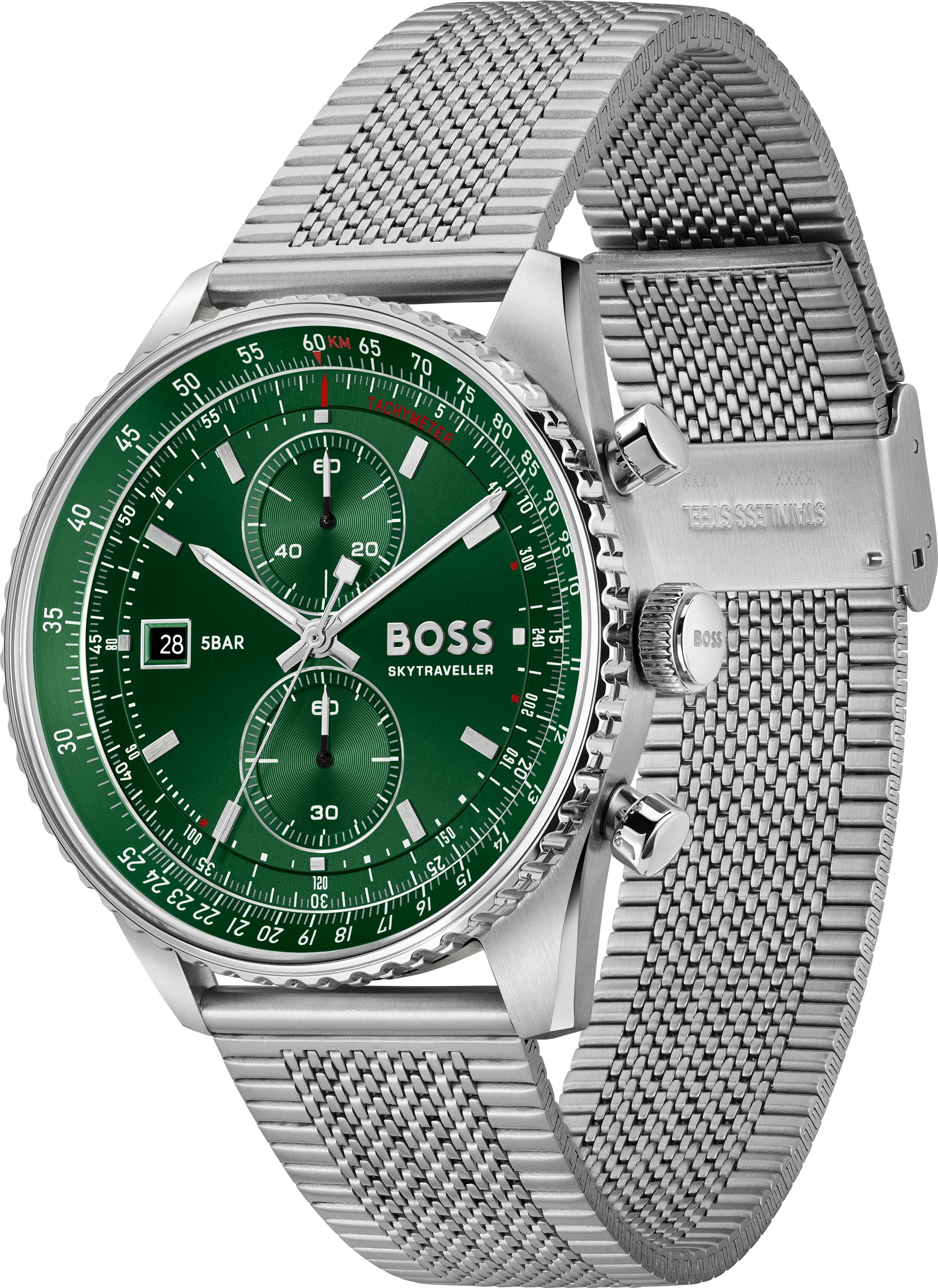 Chronograph BOSS "SKYTRAVELLER", grün (silberfarben, grün, grün), Armbanduhren, Herren, silberfarben, Chronograph, Quarzuhr, Armbanduhr, Herrenuhr, Edelstahlarmband, analog, Tag