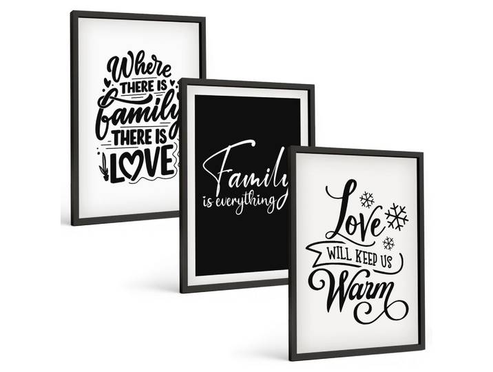 BILDER SET 3er Set - 40x60 cm Schwarzer Rahmen - Familie, Liebe, Wärme, Zuhause