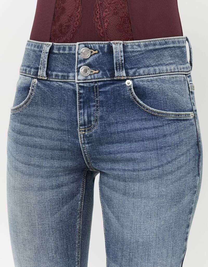 Bootcut-Jeans TALLY WEIJL "SPADECYNTIA", Damen, Gr. 42, N-Gr, medium indigo wash usedeffects, Denim/Jeans, Obermaterial: 92% Baumwolle, 6% Elastomultiester, 2% Elasthan, leichte Abriebeffekte, bootcut fit lang, Jeans Bootcut-Jeans, Baumwollmischung, Low W