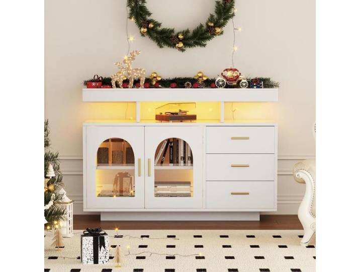 Buffet - KOMHTOM - 120 x 40 x 80 cm - LED RGB 16 couleurs - 3 tiroirs 2 portes - Blanc haut brillant