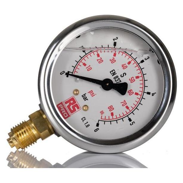RS PRO Druckmessgerät Skalen Untere Kabeleinführung Analog 0bar 6bar, Ø 63mm Edelstahl Gehäuse G1/ (2310199)