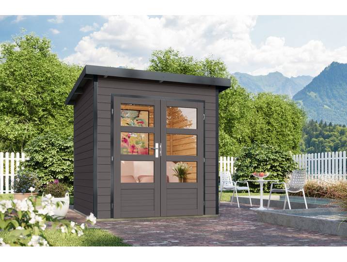 Gartenhaus KARIBU Plutino 1, in verschiedenen Farben , terragrau, anthrazit, ohne Fußboden, Blechdach, Massivholz, Gartenhäuser, Gartenhaus