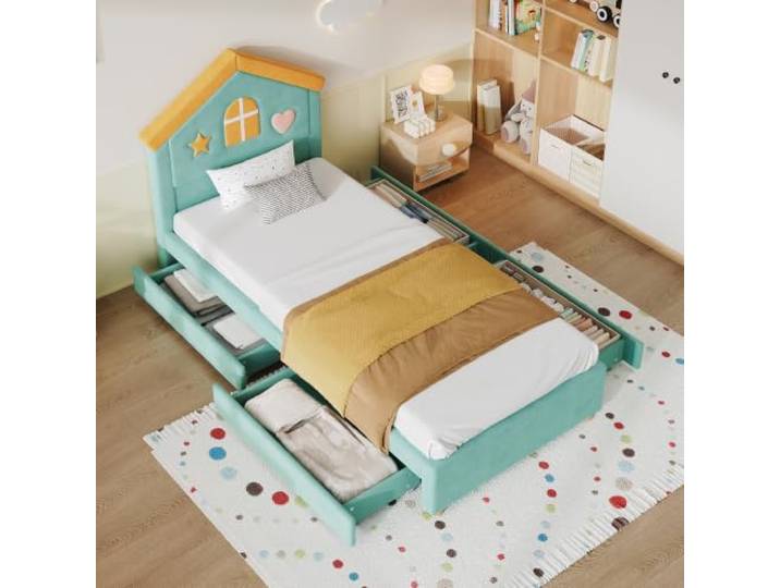 DUlVBPE Kinderbett 90x200 cm Hausbett Polsterbett in Blaugrün, Kinderbett mit 4 Schubladen, Stauraumbett für Kinderzimmer, Jugendbett mit französischem Samt, gepolstertes Bett mit Haus-Kopfteil