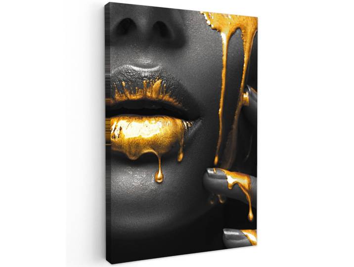 LEINWANDBILD Frau - Schwarz - Gold - Gesicht - Lippen Deko Groß 90x140 cm