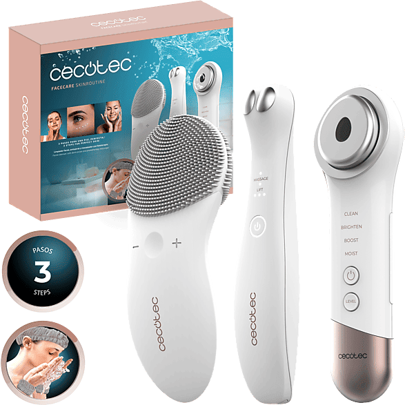 Limpiador facial - Cecotec FaceCare SkinRoutine, Dispositivo antiojeras, Masajeador facial, Kit de diadema y muñequeras, White