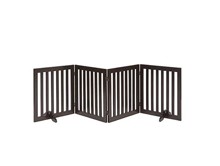 unipaws Freistehendes Absperrgitter Hund, Treppenschutzgitter ohne Bohren, Holz Kindergitter Klappbar，Türgitter Hunde Kaminschutzgitter mit Füßen, Dunkelbraun (4 Elemente, 61 cm hoch)